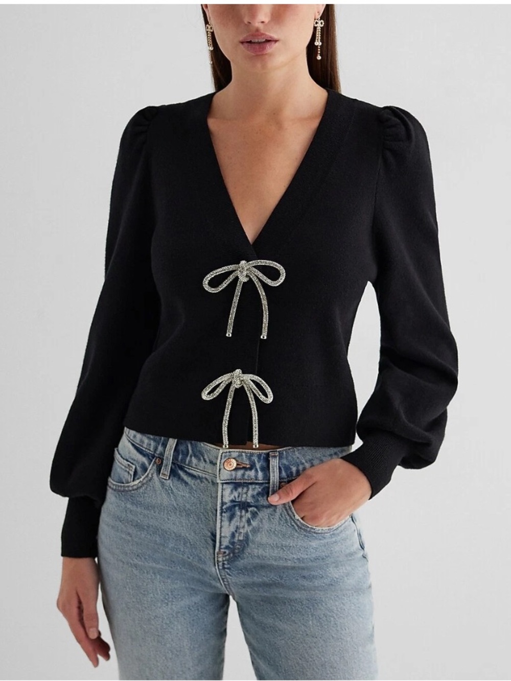 Rachel Zoe Cardigan L Black Rhinestone Bow Snap Front Puff Sleeve NEW NWT